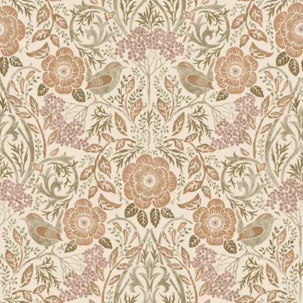 Wallpaper Flowers and Birds in Art Nouveau Style Beige&Antique Pink
