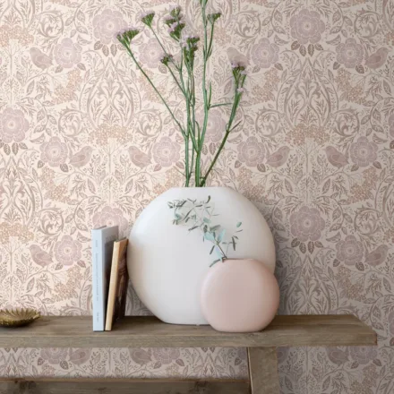 Wallpaper Flowers and Birds in Art Nouveau Style Beige&Lilac
