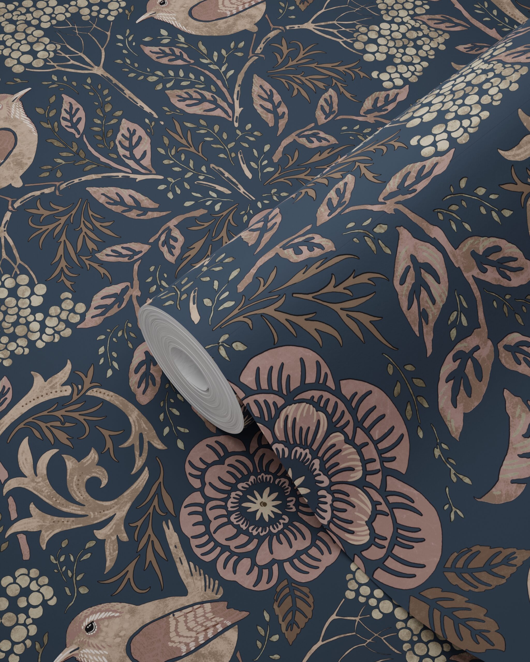 Wallpaper Flowers and Birds in Art Nouveau Style Dark Blue&Antique Pink 139832 (1)