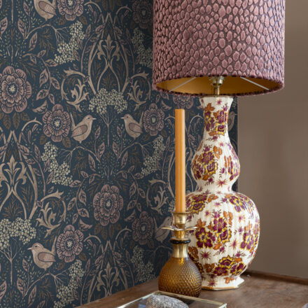 Wallpaper Flowers and Birds in Art Nouveau Style Dark Blue&Antique Pink