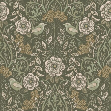 Wallpaper Flowers and Birds in Art Nouveau Style Dark Green
