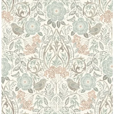 Wallpaper Flowers and Birds in Art Nouveau Style Grayish Green
