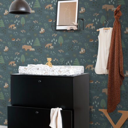 Wallpaper Forest with Forest Animals Grayed Blue