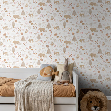 Wallpaper Forest with Forest Animals White & Beige